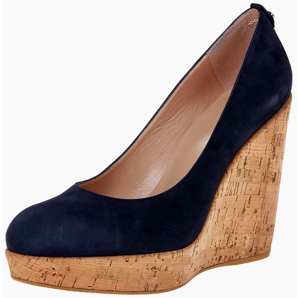 NWT Stuart Weitzman Navy Blue Suede ‘Corkswoon’ Wedges Size 7 ASO Princess Kate